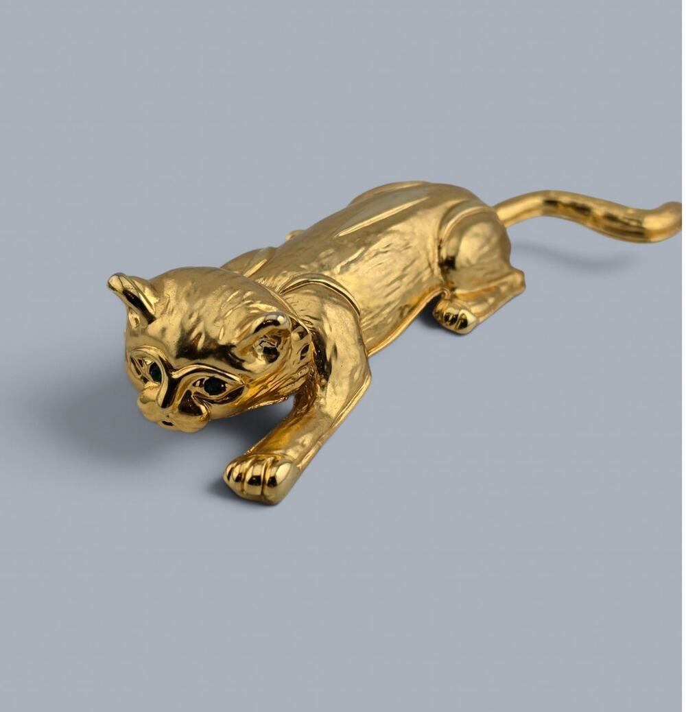 Vintage Large Gold Tone Cat Brooch Articulated Tail Statement Figural Pin